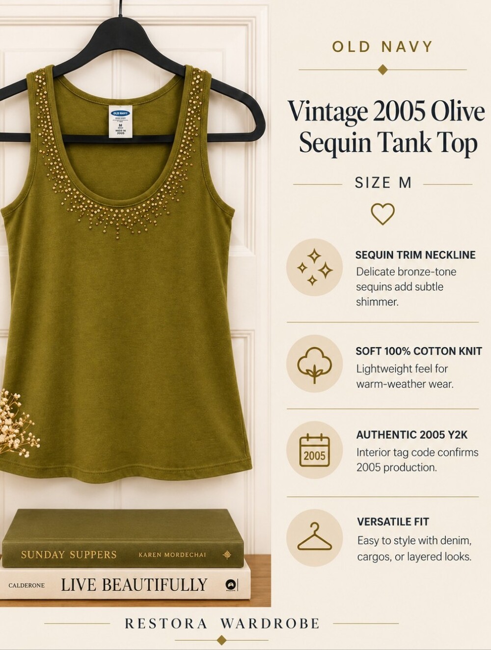 Vintage 2005 Old Navy Olive Green Sequin Scoop Neck Tank Top Y2K M